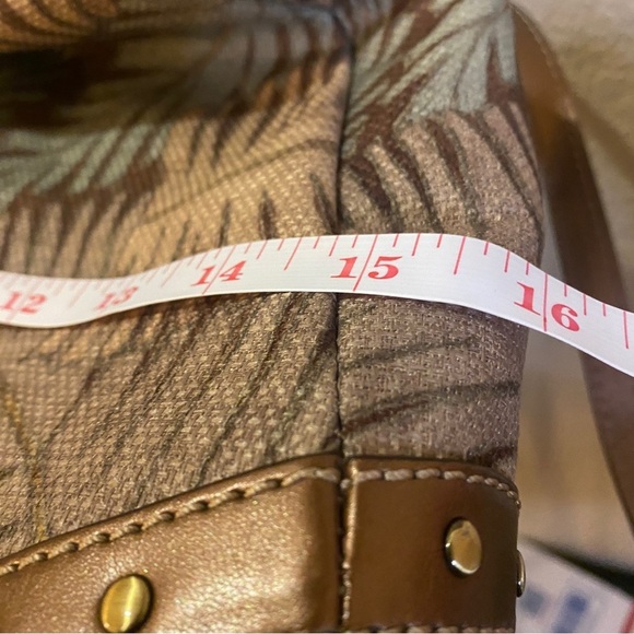 Fossil handbag dark Hawaiian tropical palm print wooden handles or strap - Picture 13 of 13